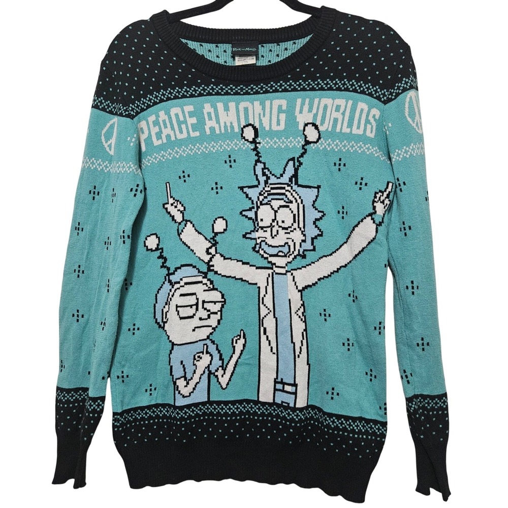 Rick and Morty Peace Among Worlds Ugly Christmas Sweater Adult XS Middle Finger‎